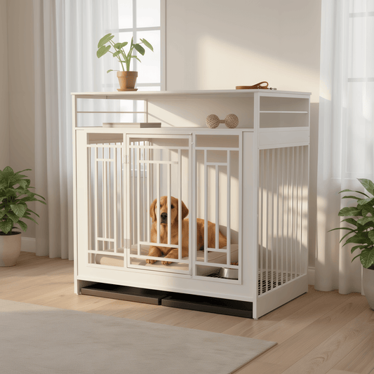 Nest & Tail Signature Kennel — Modern White, luxury pet furniture featuring a wooden design with a dog inside.