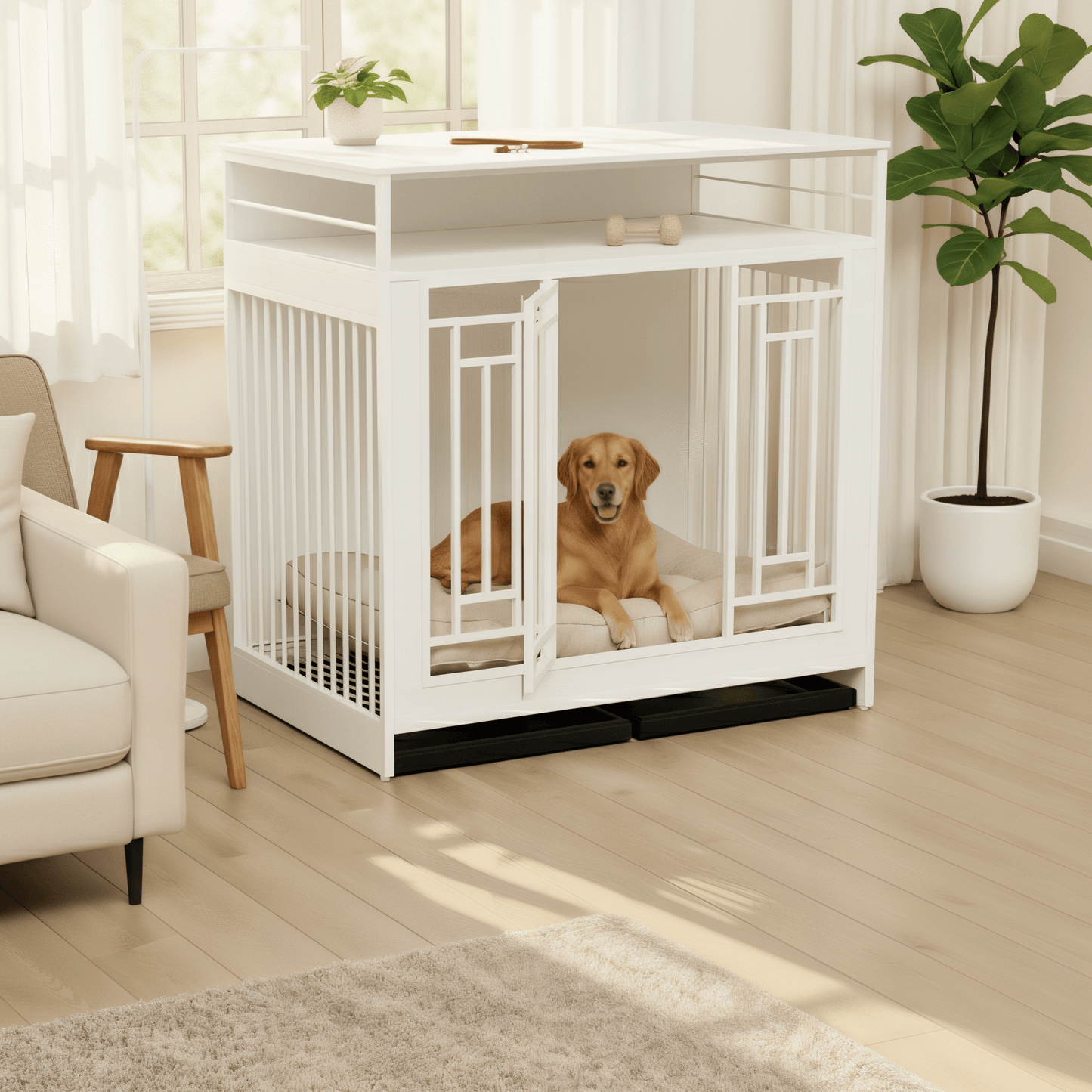 Nest & Tail Signature Kennel — Modern White, luxury pet furniture, furniture-style dog crate, suitable for large dogs.