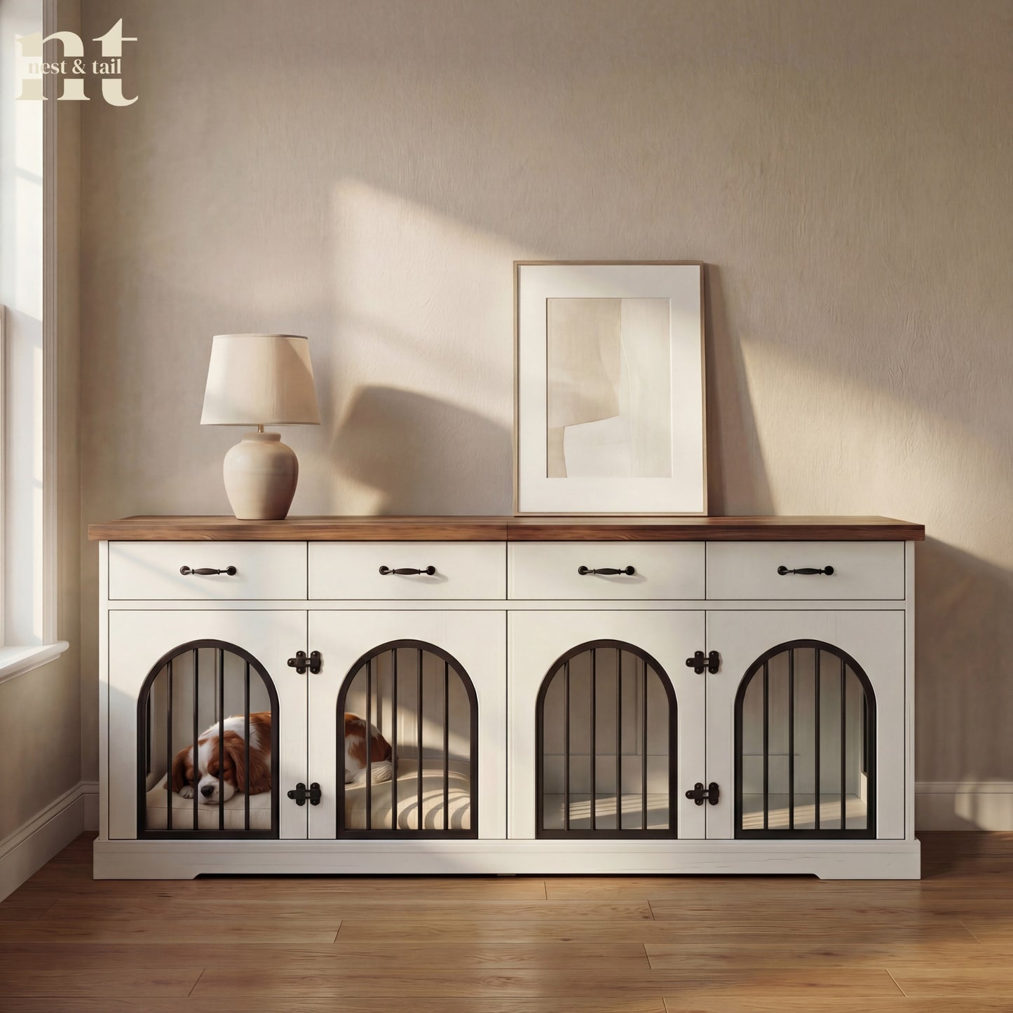 dog sleeping in a white modern double dog crate