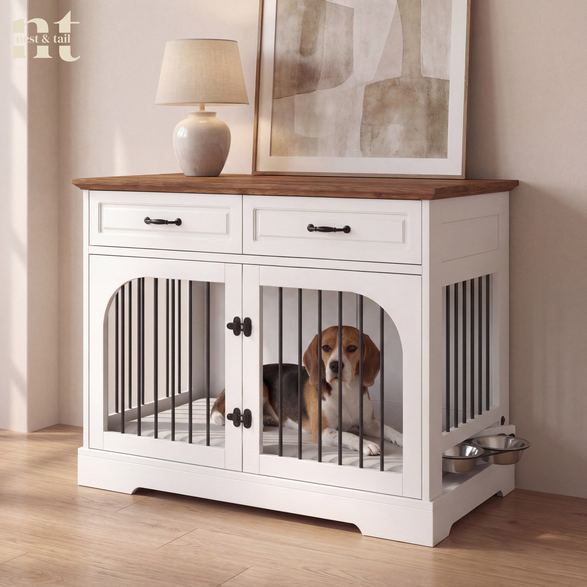 Modern White luxury dog crate furniture by Nest & Tail