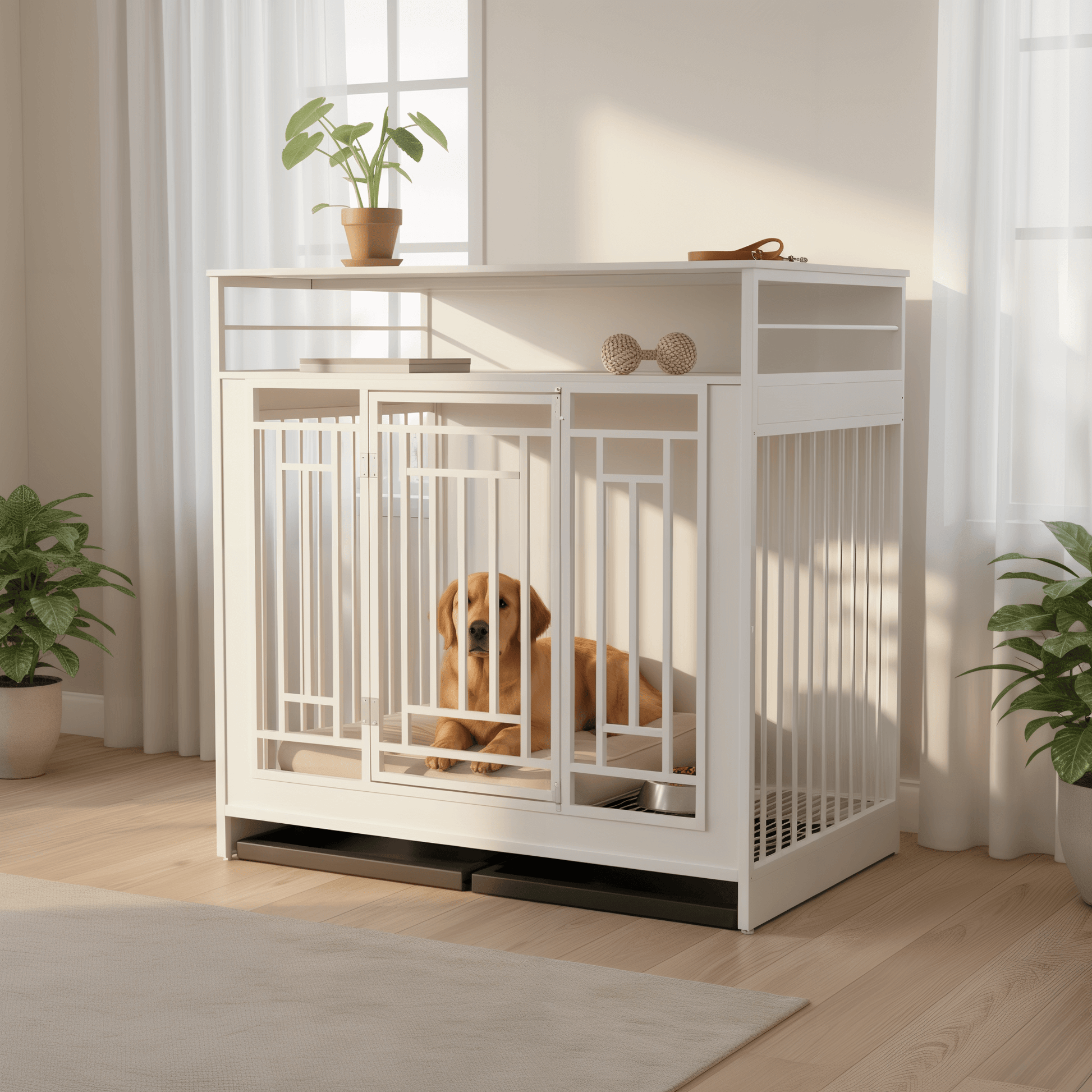 Nest & Tail Signature Kennel — Modern White, luxury pet furniture featuring a wooden design with a dog inside.