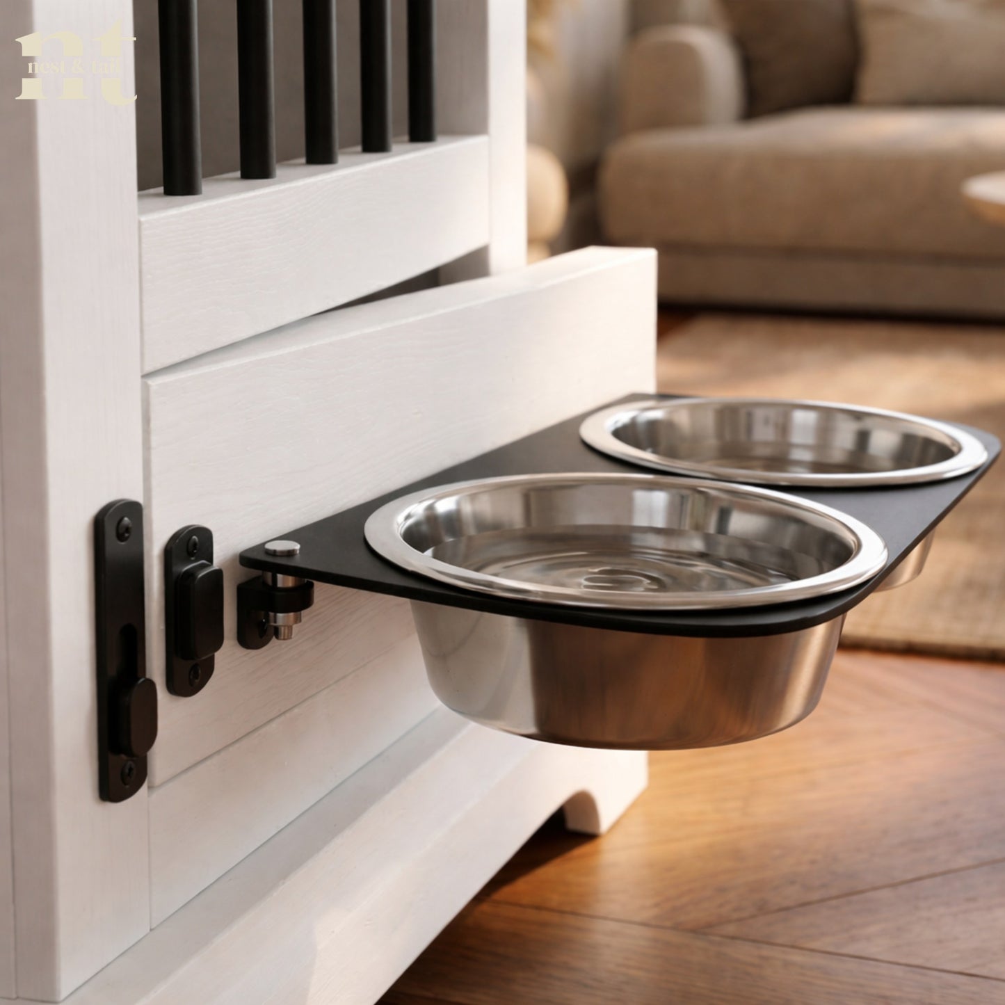 Stainless steel pet bowls attached to a Modern Dog Furniture Crate.