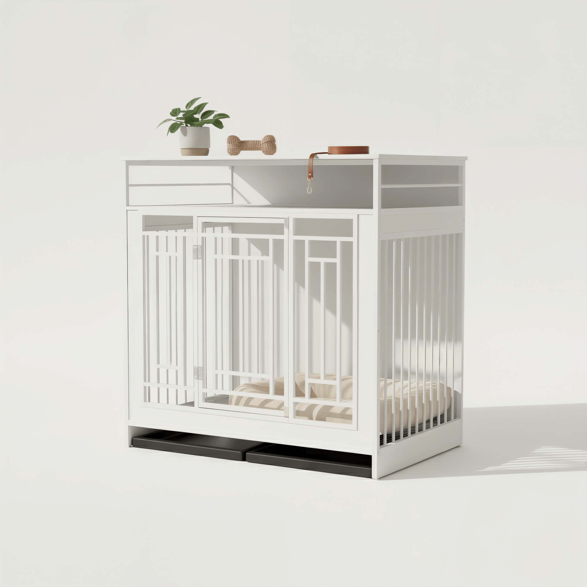 Nest & Tail Signature Kennel — Modern White, luxury pet furniture, wooden dog crate with modern design and storage.