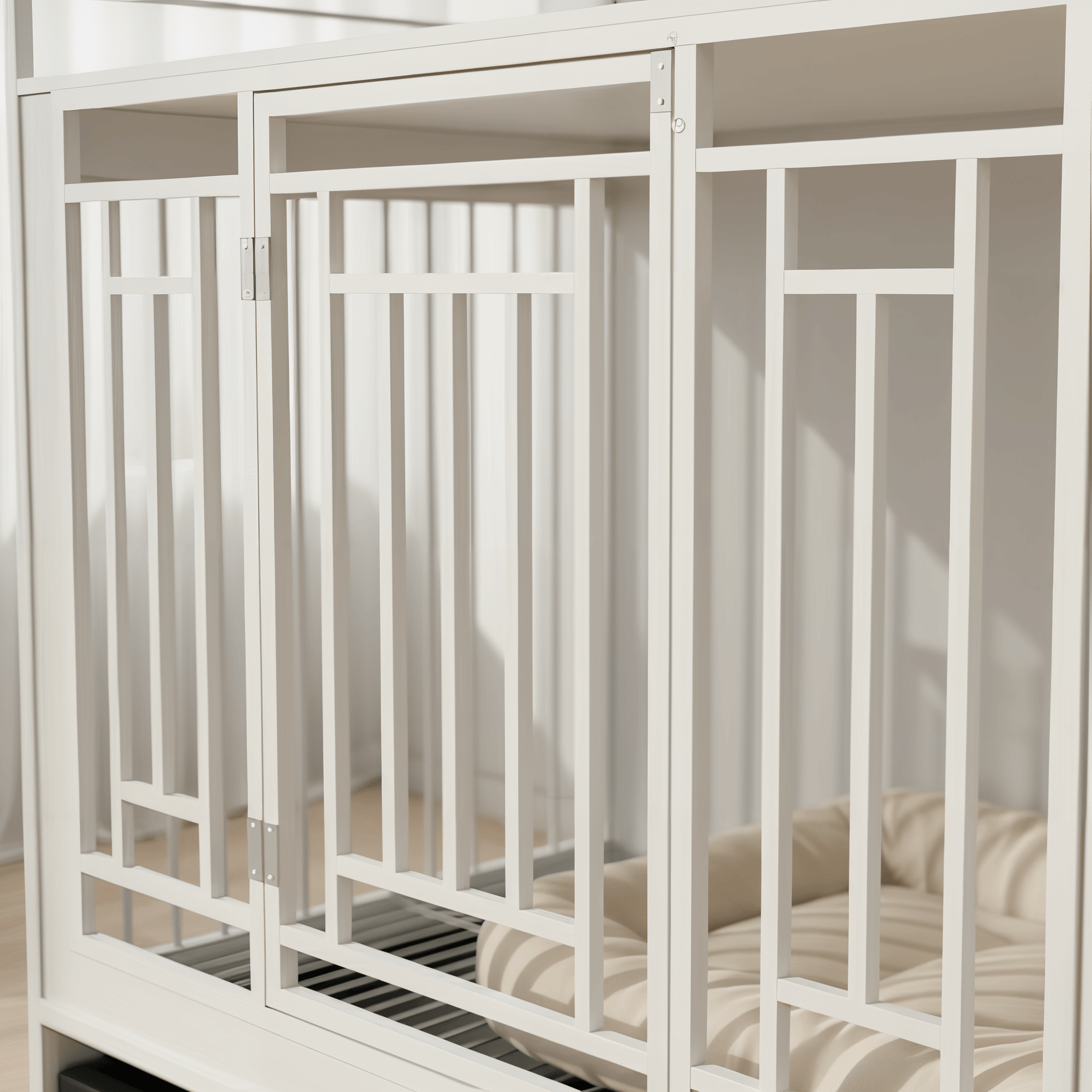 Nest & Tail Signature Kennel — Modern White, luxury pet furniture with stylish metal and wood design.