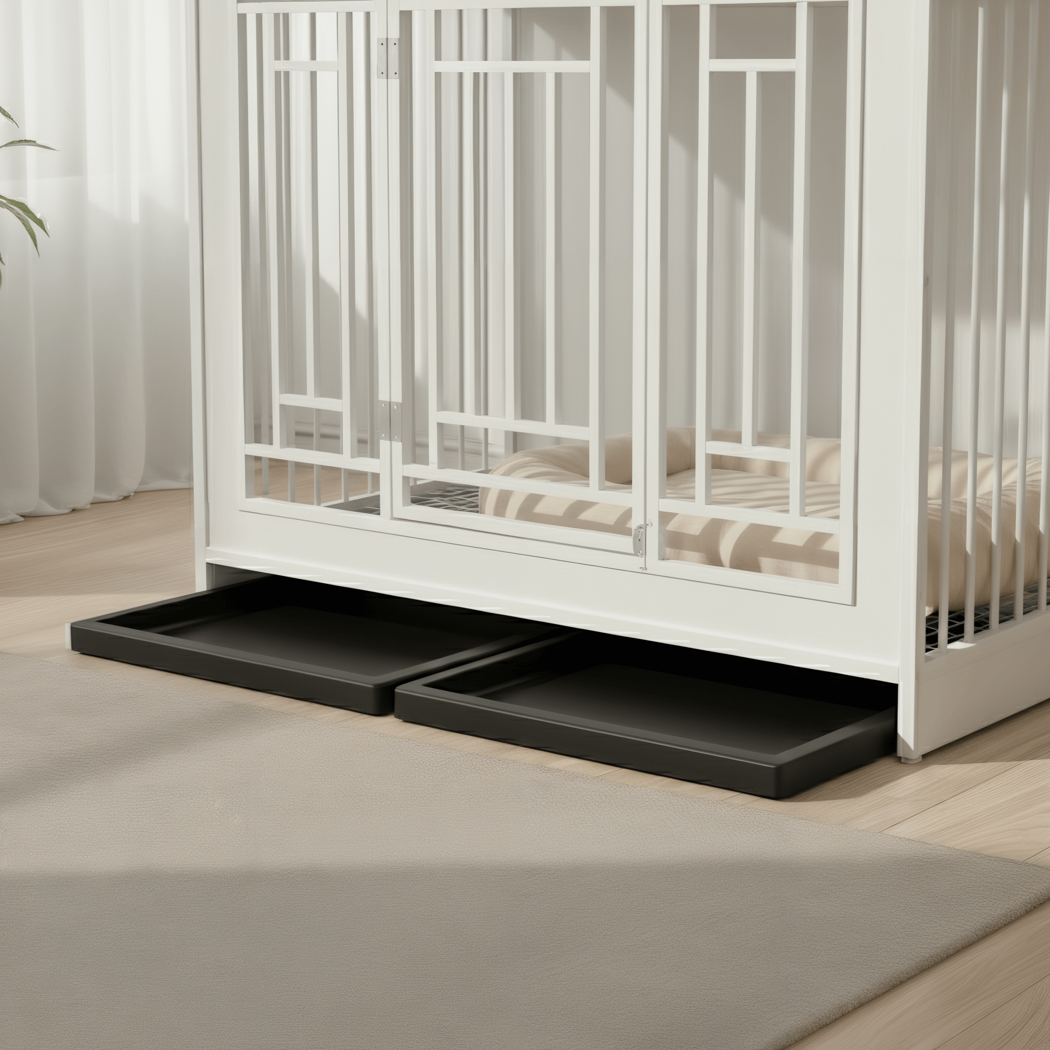 Nest & Tail Signature Kennel — Modern White featuring dual sliding trays, perfect for easy cleaning and modern design.