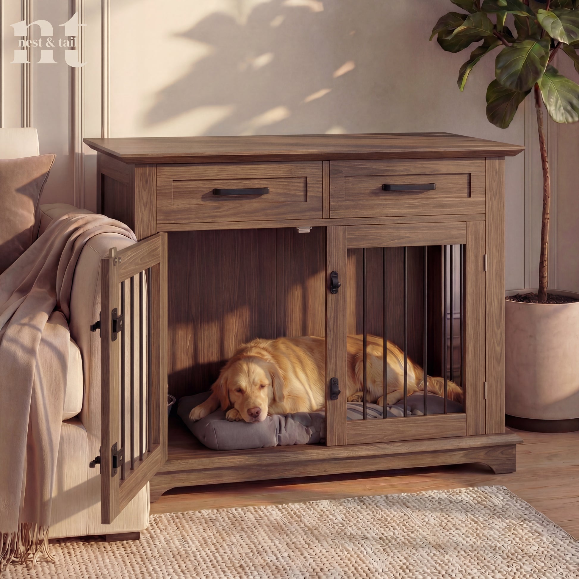 Wooden pet crate integrated into a furniture piece with a dog inside, in a home setting.