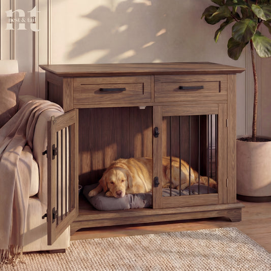 Wooden pet crate integrated into a furniture piece with a dog inside, in a home setting.