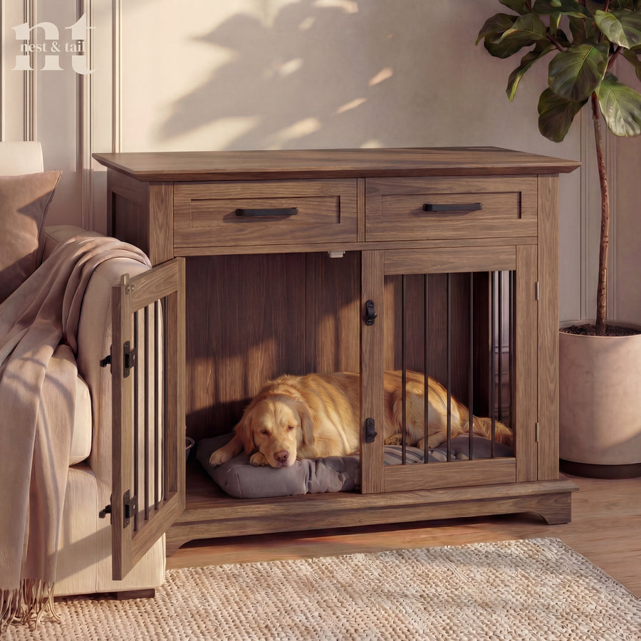 Wooden pet crate integrated into a furniture piece with a dog inside, in a home setting.