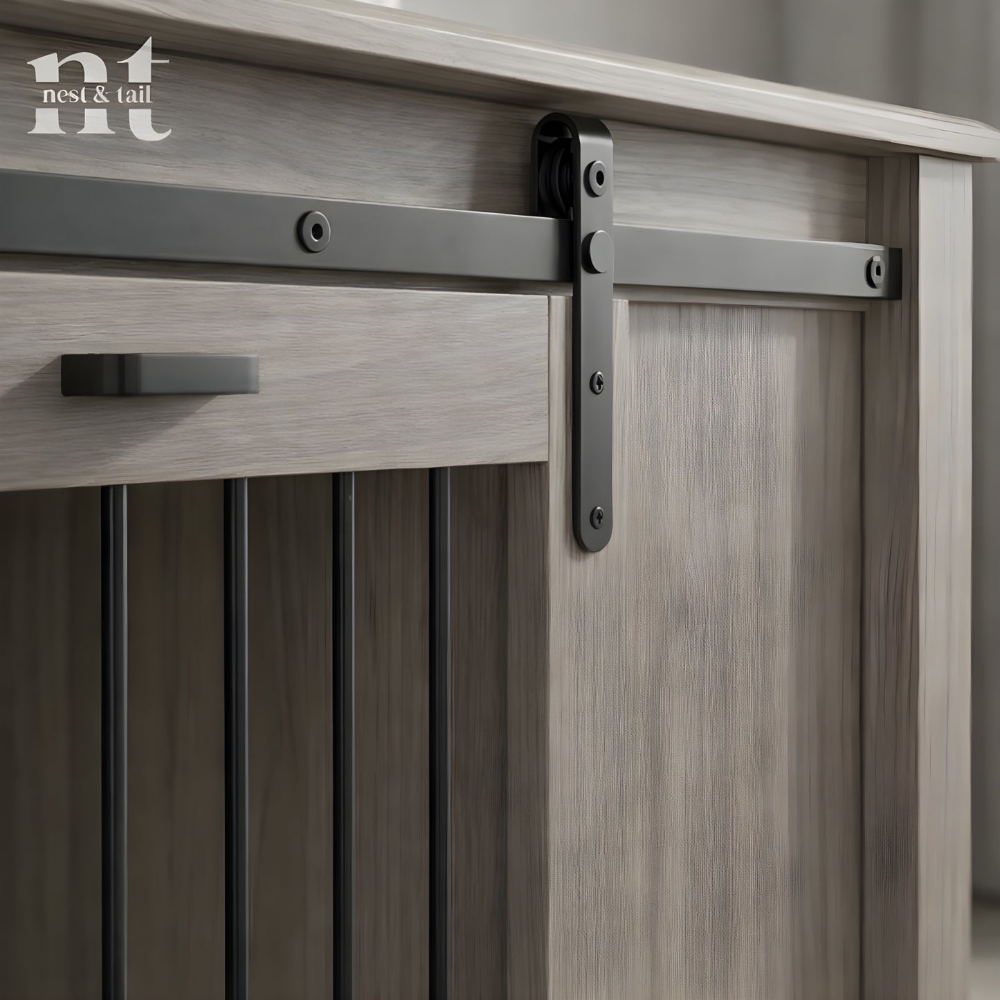 Wooden cabinet with sliding door mechanism and 'nest & tail' branding.