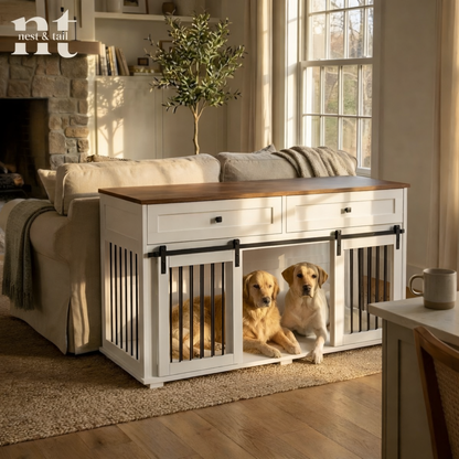 Two dogs in a white wooden pet crate with glass doors in a cozy living room.