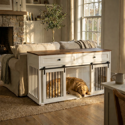 Dog lying inside a white wooden crate with metal bars in a cozy living room.