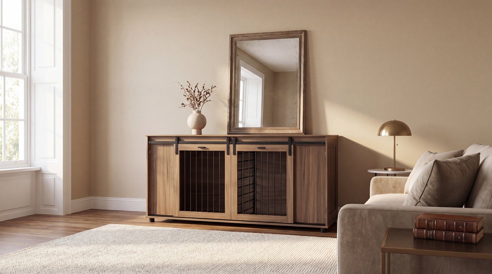 Wooden entertainment  dog crate console in a living room with a mirror and decor items.