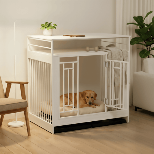 Nest & Tail Signature Kennel — Modern White as a stylish furniture-style dog crate for luxury pet furniture.