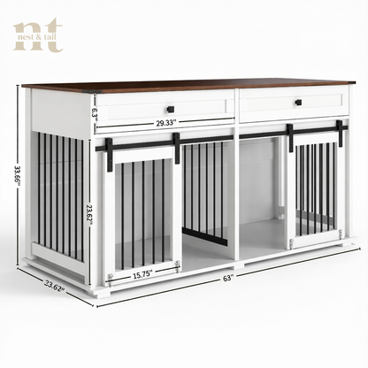White kitchen island with wooden countertop and black metal bars, featuring dimensions on a white background.
