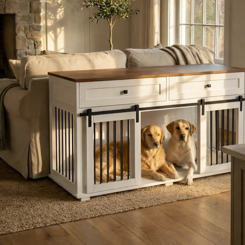 Two dogs in a white wooden pet crate with glass doors in a cozy living room.