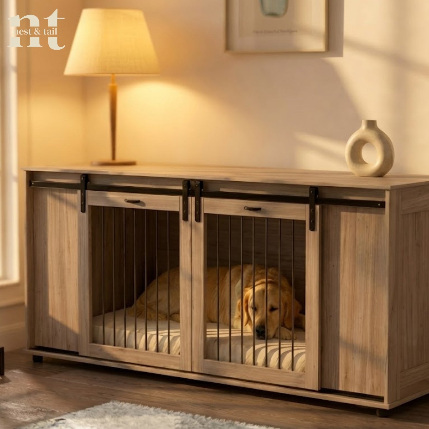 Wooden pet crate with sliding door in a living room setting, featuring a dog inside.