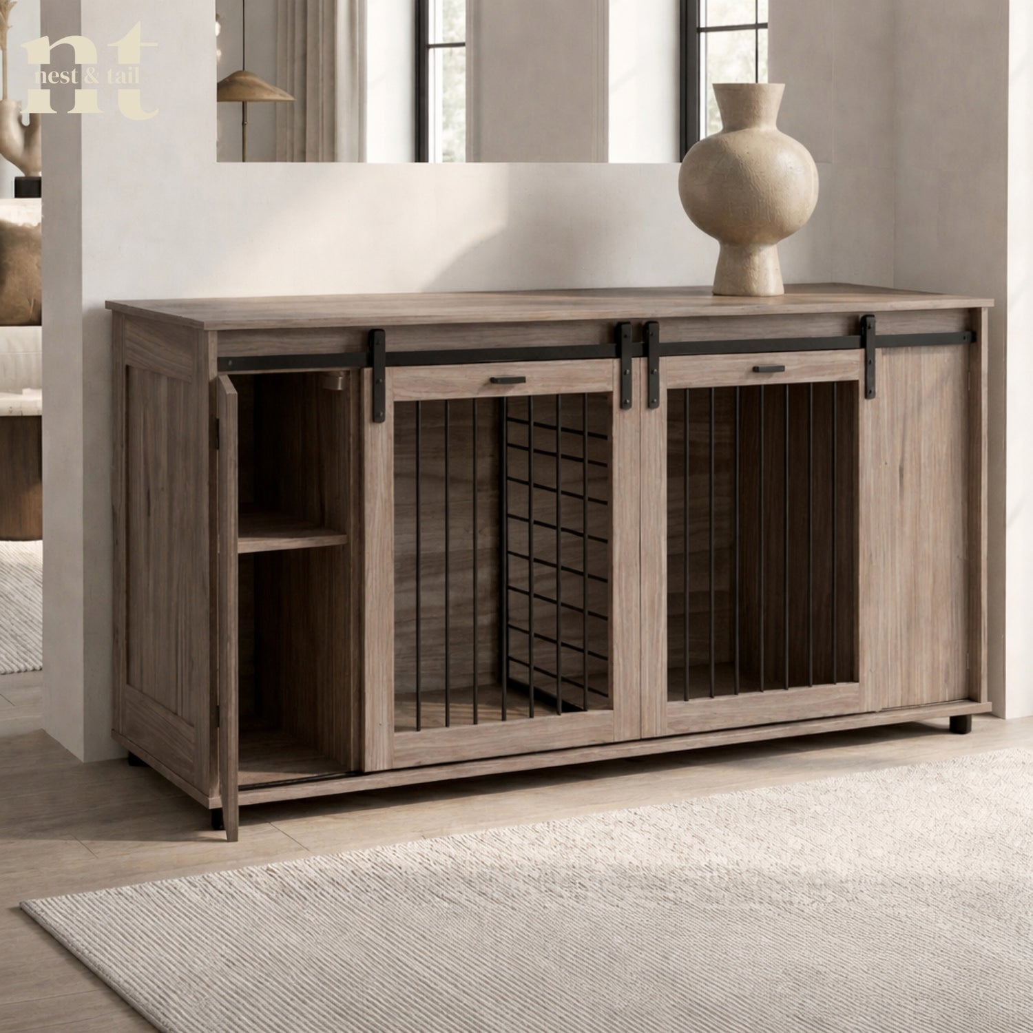Wooden cabinet with sliding doors in a room setting