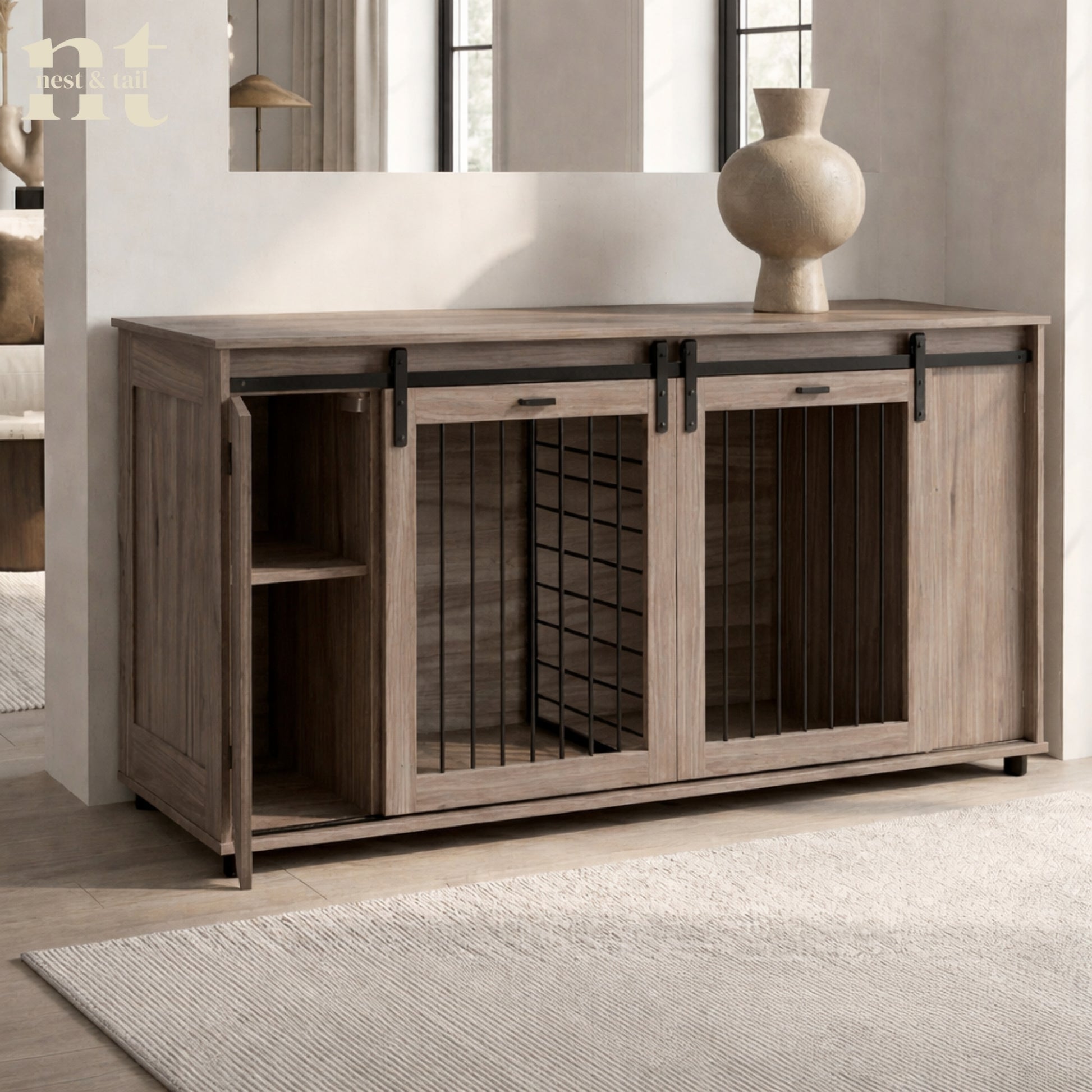 Wooden cabinet with sliding doors in a room setting