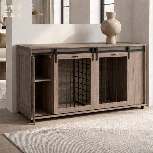 Wooden cabinet with sliding doors in a room setting