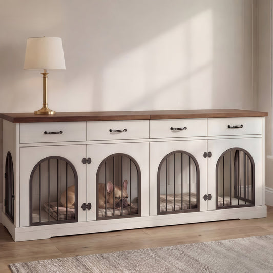 Ashgrove Estate double dog crate furniture, white with a wood top, with a French bulldog sleeping inside