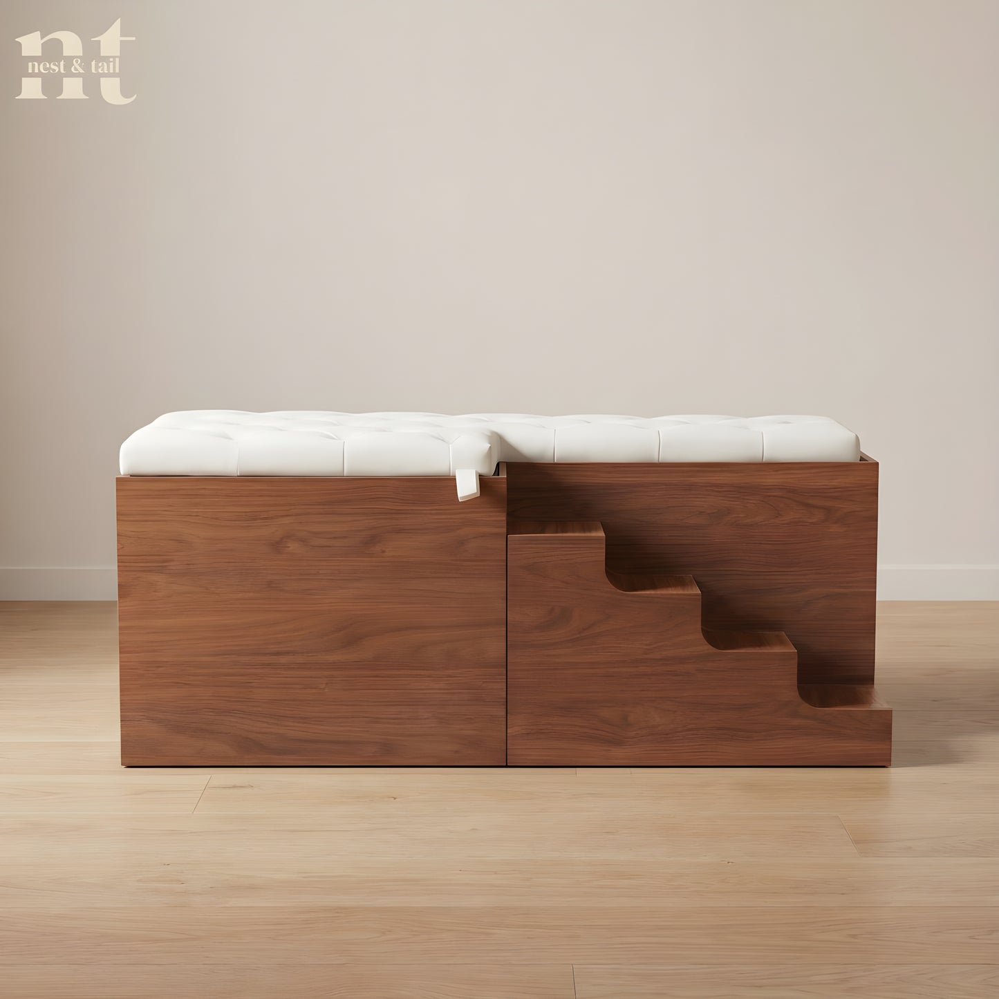 Wooden bench with white cushion on a plain background