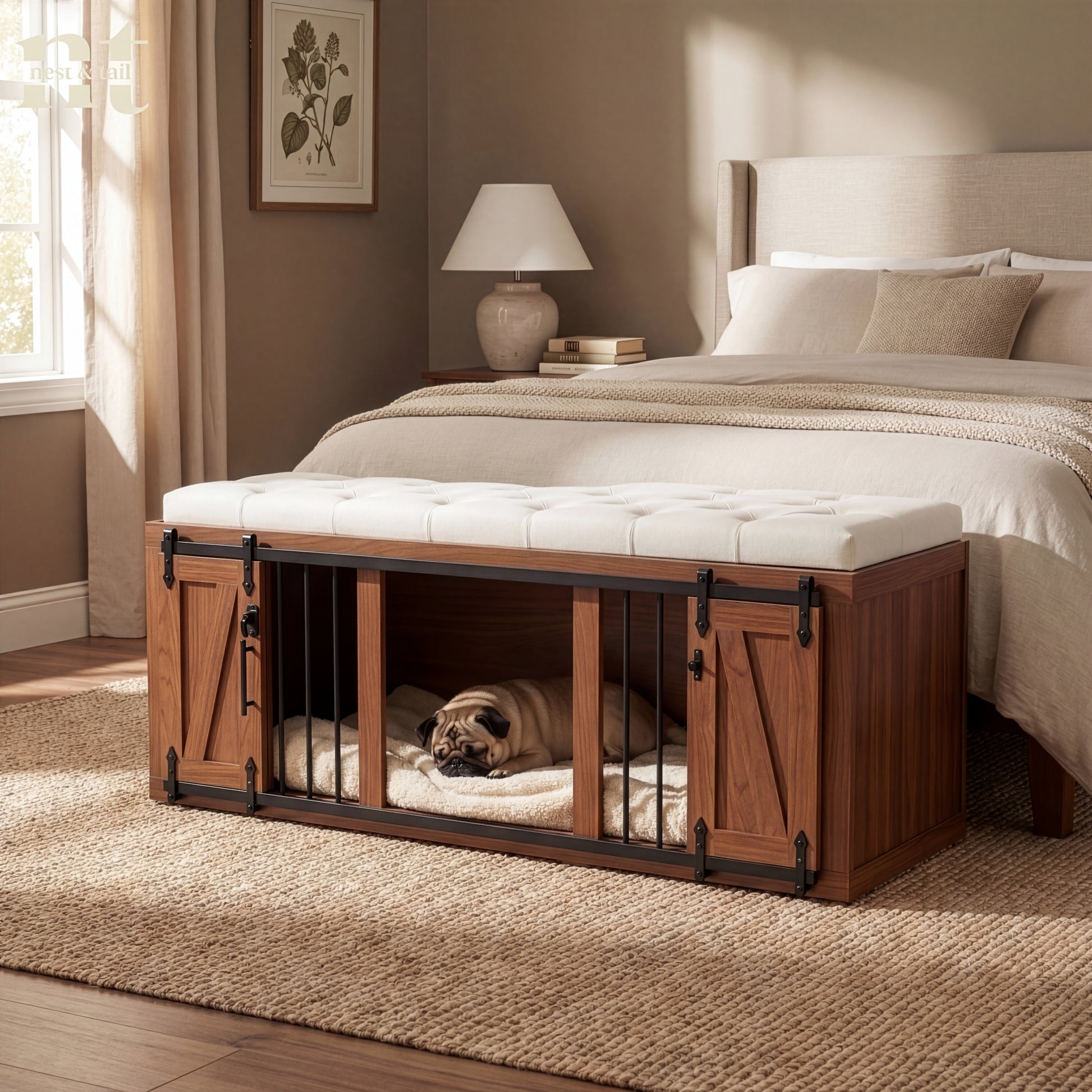 Wooden pet crate with a dog inside in a bedroom setting