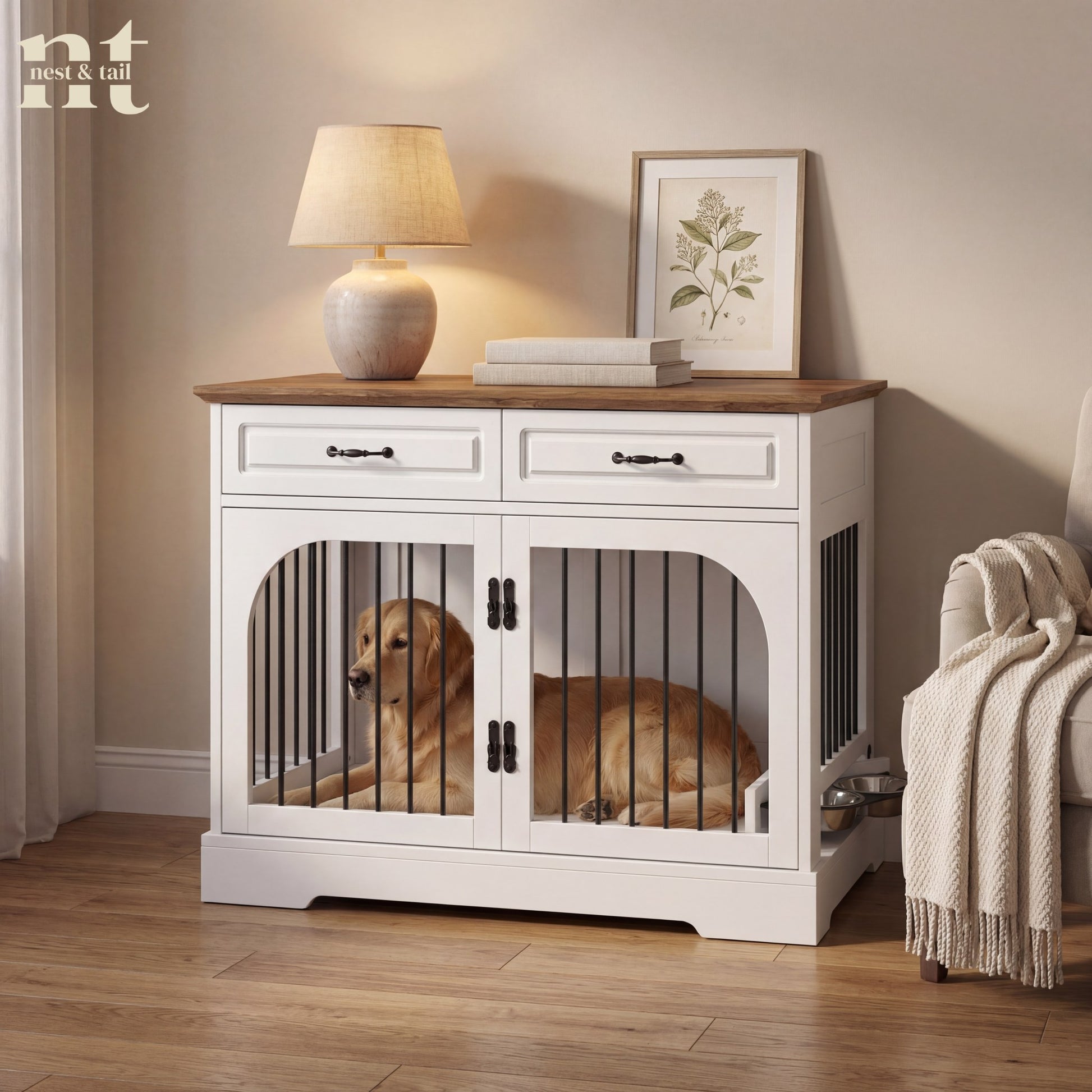 Dog laying inside modern dog crate furniture style in home setting
