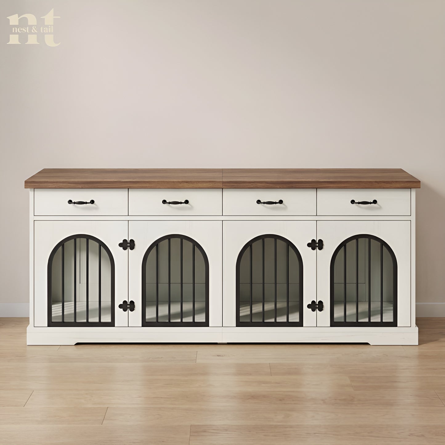 Dog crate with arched vertical bar  doors on a white wooden dog crate