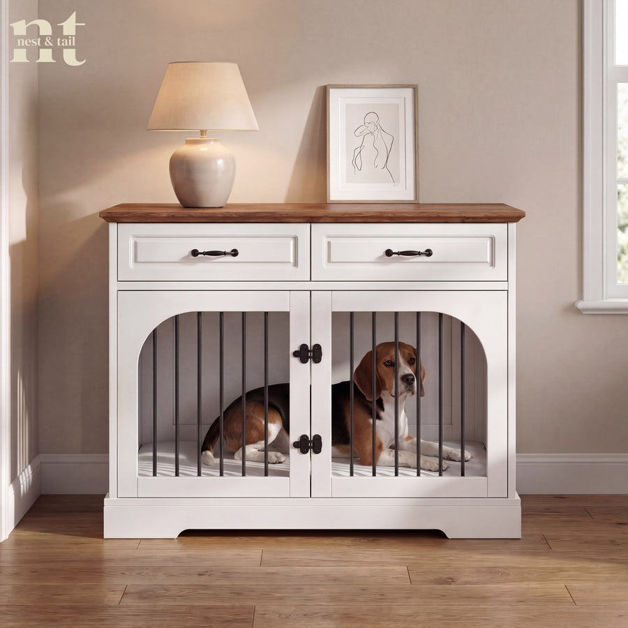 Dog laying inside White modern furniture dog crate