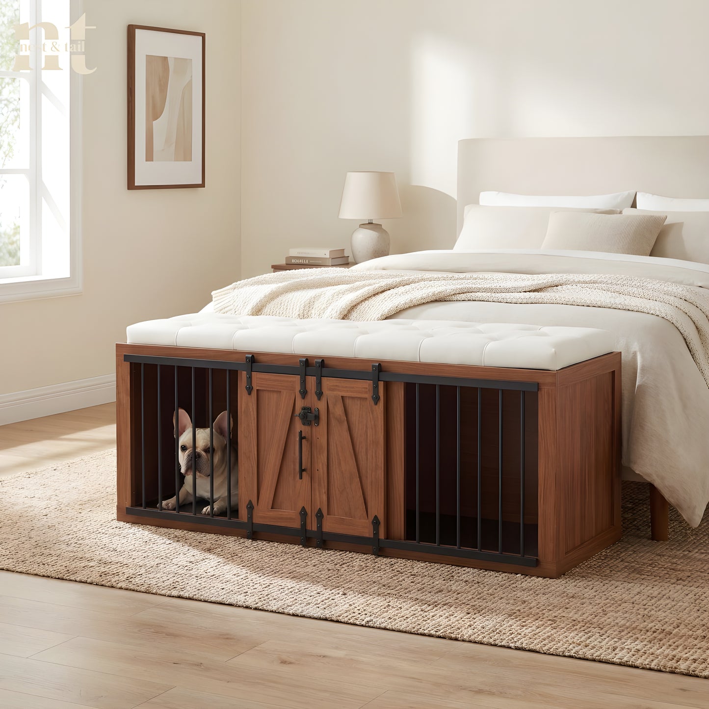 Furniture Wooden pet crate with sliding barn doors contains a dog inside in a bedroom setting