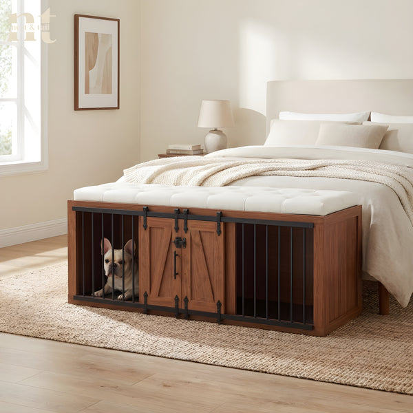 Furniture Wooden pet crate with sliding barn doors contains a dog inside in a bedroom setting