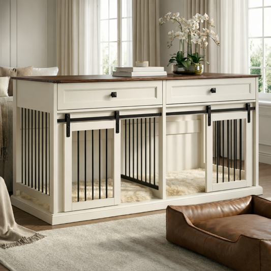 Modern White Estate double dog crate furniture with sliding barn doors and a wood-grain top in a living room