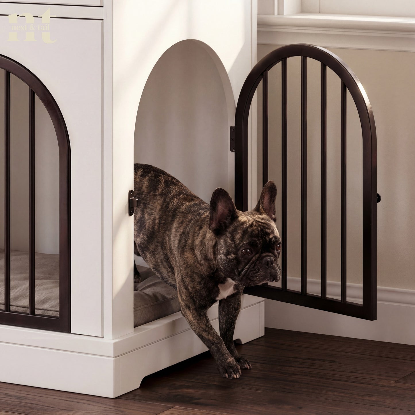 Dog entering a white pet crate with black metal doors.