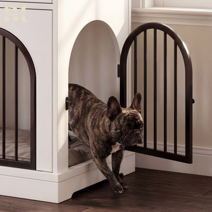 Dog entering a white pet crate with black metal doors.