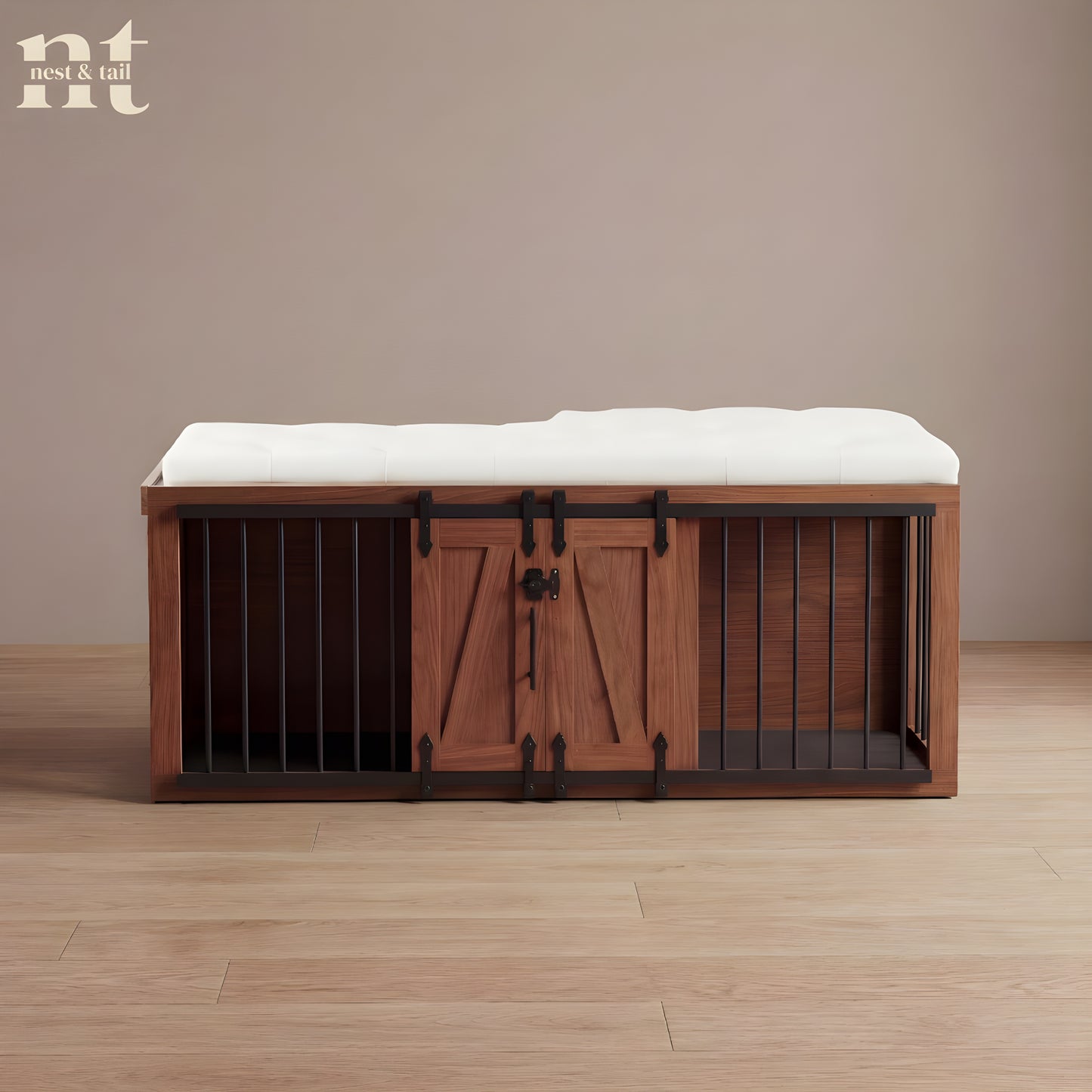 Wooden pet crate with a white cushion ontop of the furniture crate, branded 'nest & tail'. 