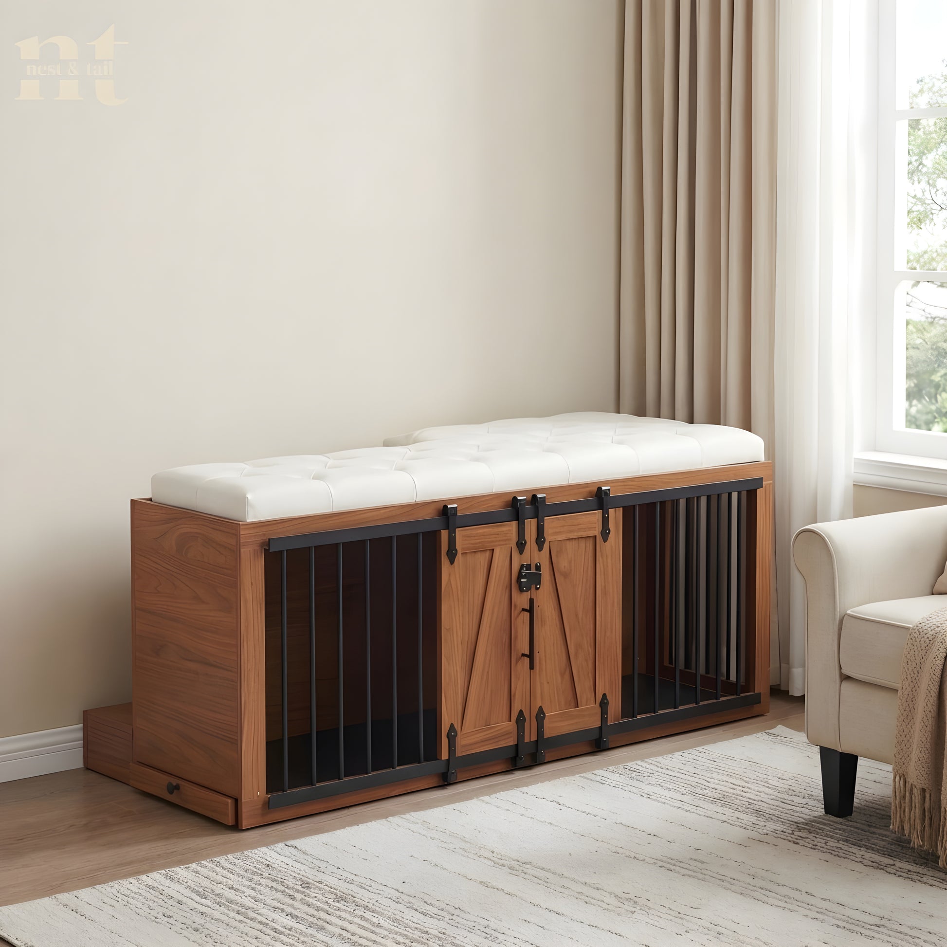 Wooden pet crate with white cushion in a room with a window and chair.
