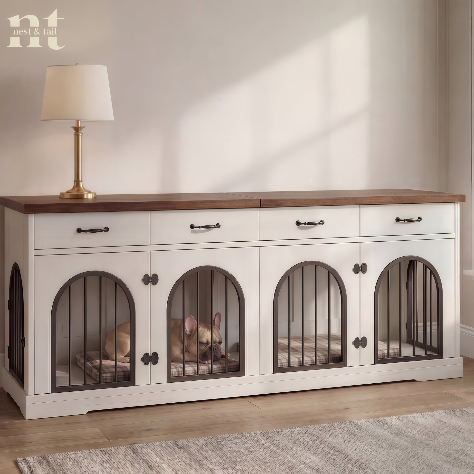 Furniture piece with pet kennels inside, designed to look like a cabinet.