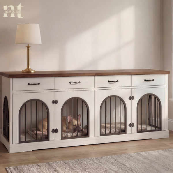 Furniture piece with pet kennels inside, designed to look like a cabinet.