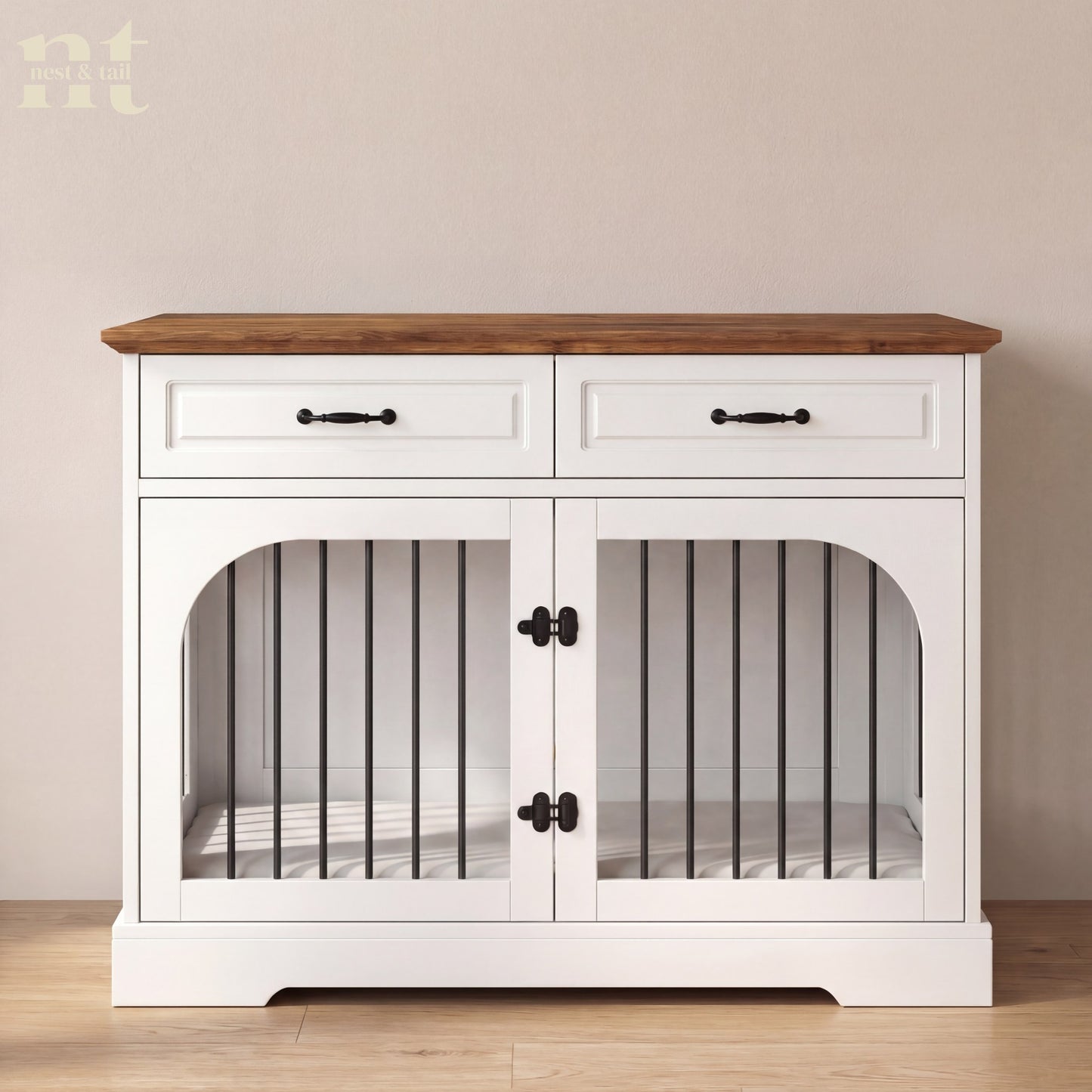 Clarity shot of a white modern farmhouse style furniture dog crate